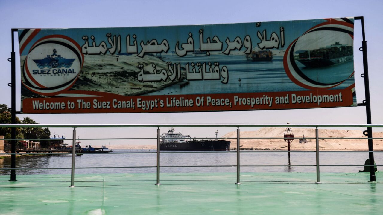 A welcome sign on the Suez Canal shore in the northeastern Egyptian city of Ismailiya, on May 27, 2021.