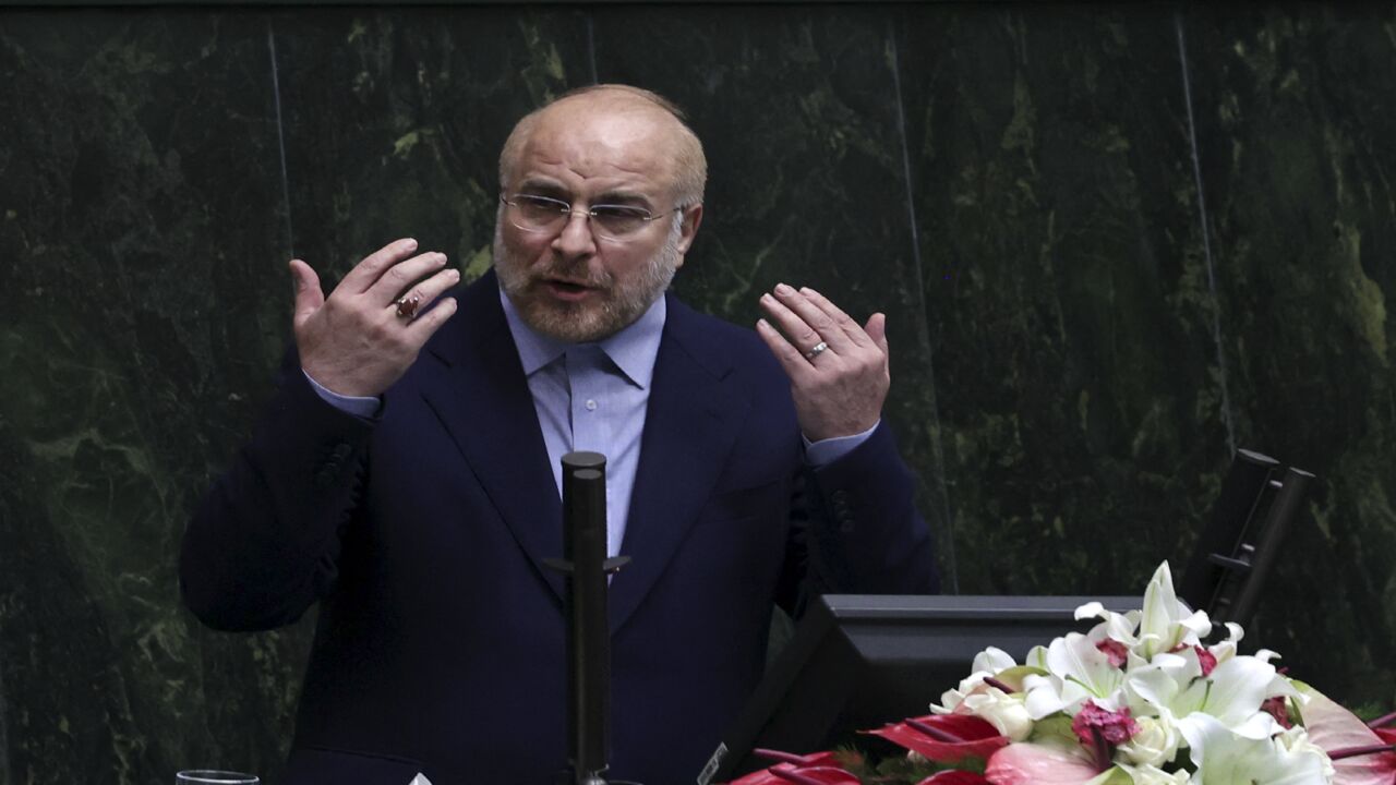 Iranian parliament speaker Mohammad Bagher Ghalibaf speaks during a parliament session, Tehran on Dec. 1, 2021.