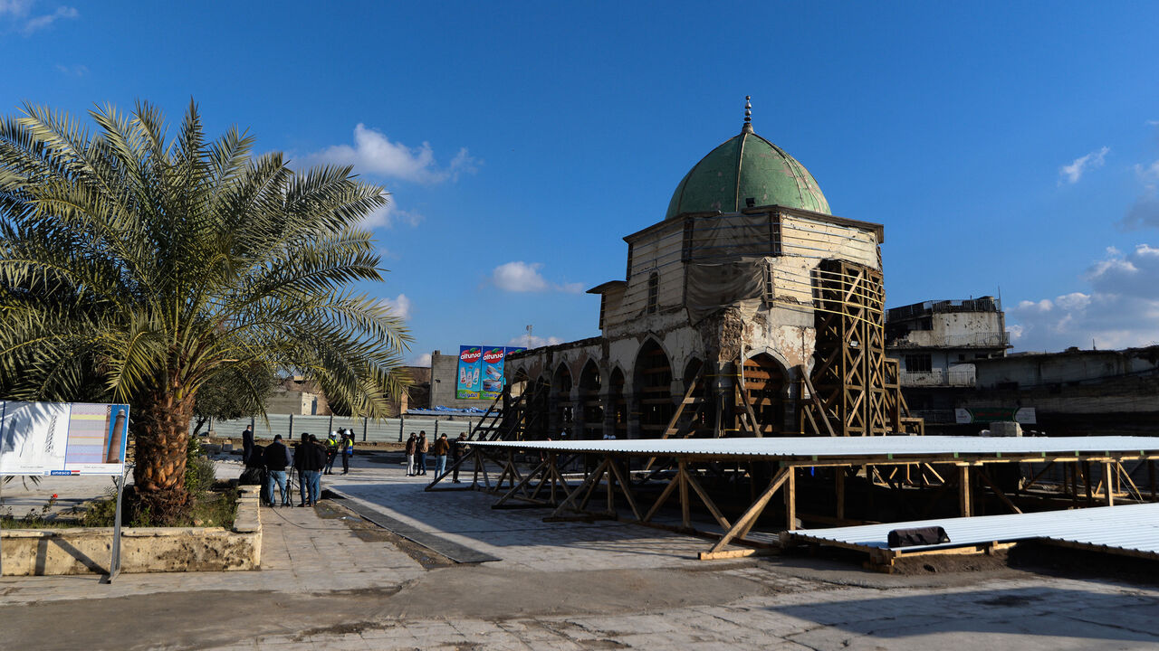 This picture taken on January 18, 2022 shows excavations around the al-Nuri mosque in the old town of Iraq's northern city Mosul, at the site heavily damaged by Islamic State (IS) group fighters in the 2017 battle for the city.