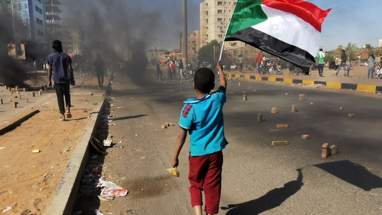 A young boy waves a Sudanese flag as protesters block a street in Khartoum on January 20 A young boy waves a Sudanese flag as protesters block a street in Khartoum on January 20