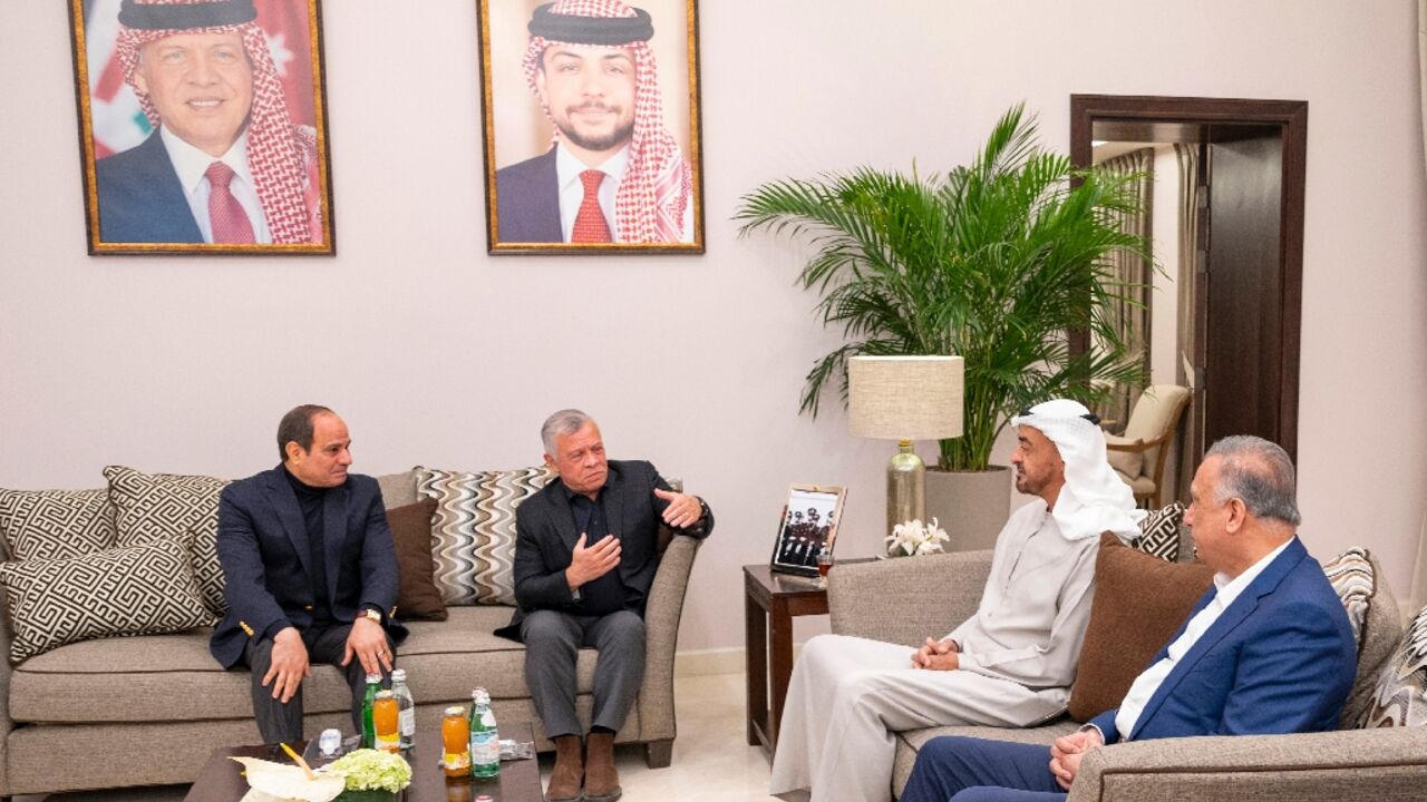 Leaders from Egypt, Jordan, the United Arab Emirates and Iraq hold talks in the Jordanian port city of Aqaba Leaders from Egypt, Jordan, the United Arab Emirates and Iraq hold talks in the Jordanian port city of Aqaba