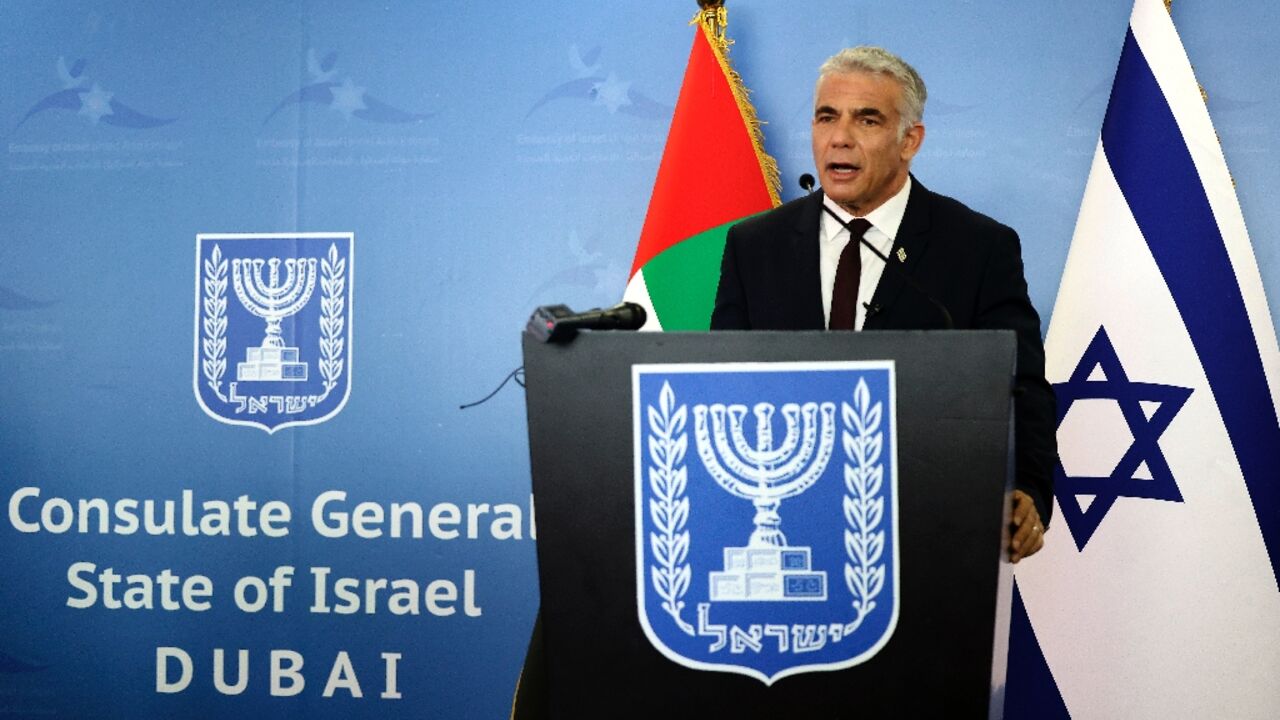 Israel's Foreign Minister Yair Lapid gives a press conference at the new Israeli consulate in the Gulf Emirate of Dubai, on June 30, 2021 Israel's Foreign Minister Yair Lapid gives a press conference at the new Israeli consulate in the Gulf Emirate of Dubai, on June 30, 2021
