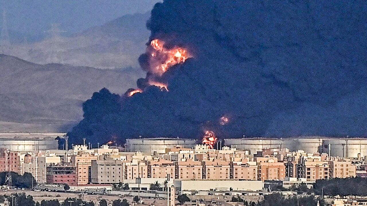 The thick pall of smoke from the Saudi Aramco oil facility was visible from the Saudi Arabian Grand Prix track and across the Red Sea port city of Jeddah The thick pall of smoke from the Saudi Aramco oil facility was visible from the Saudi Arabian Grand Prix track and across the Red Sea port city of Jeddah