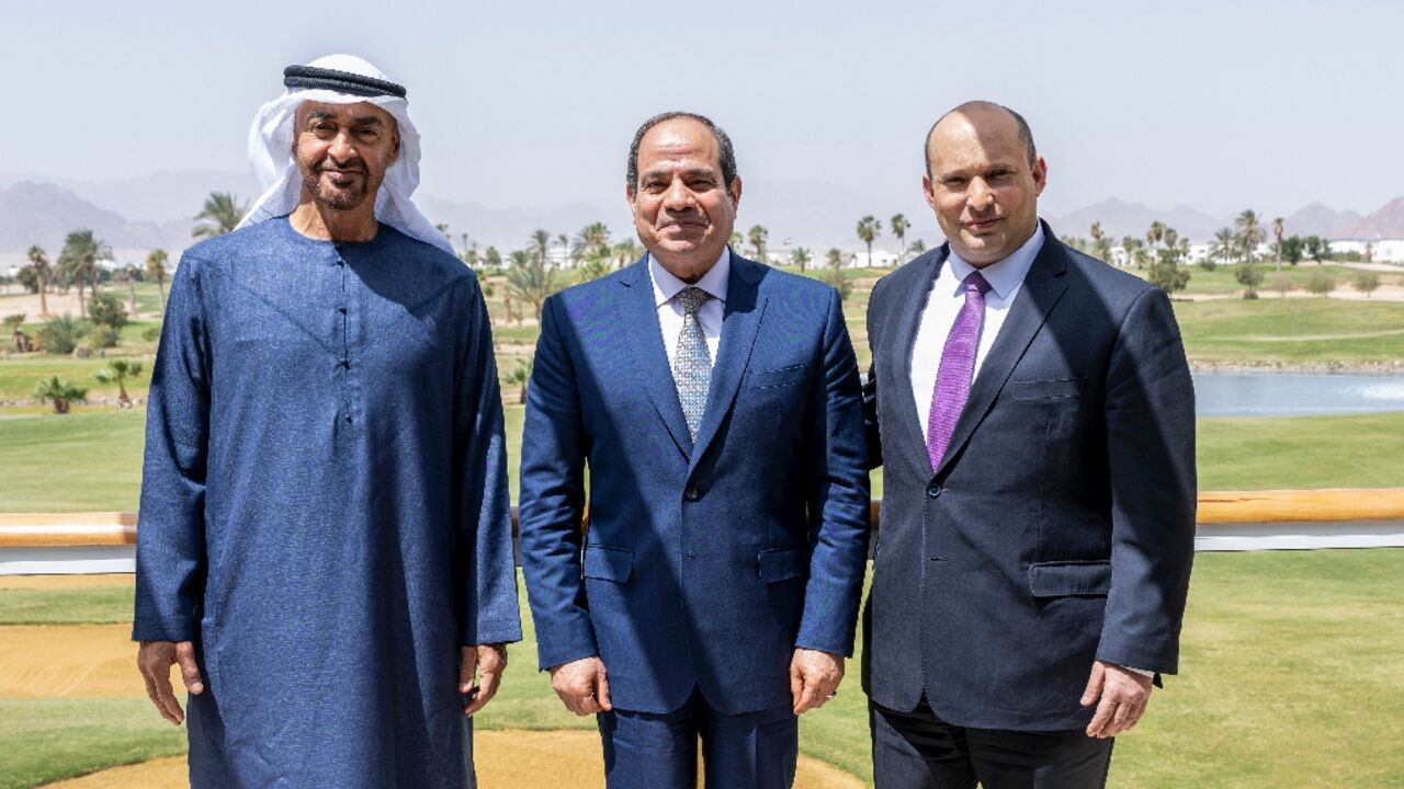 Sheikh Mohammed, Sisi and Bennett pose for a photo in Sharm el-Sheikh