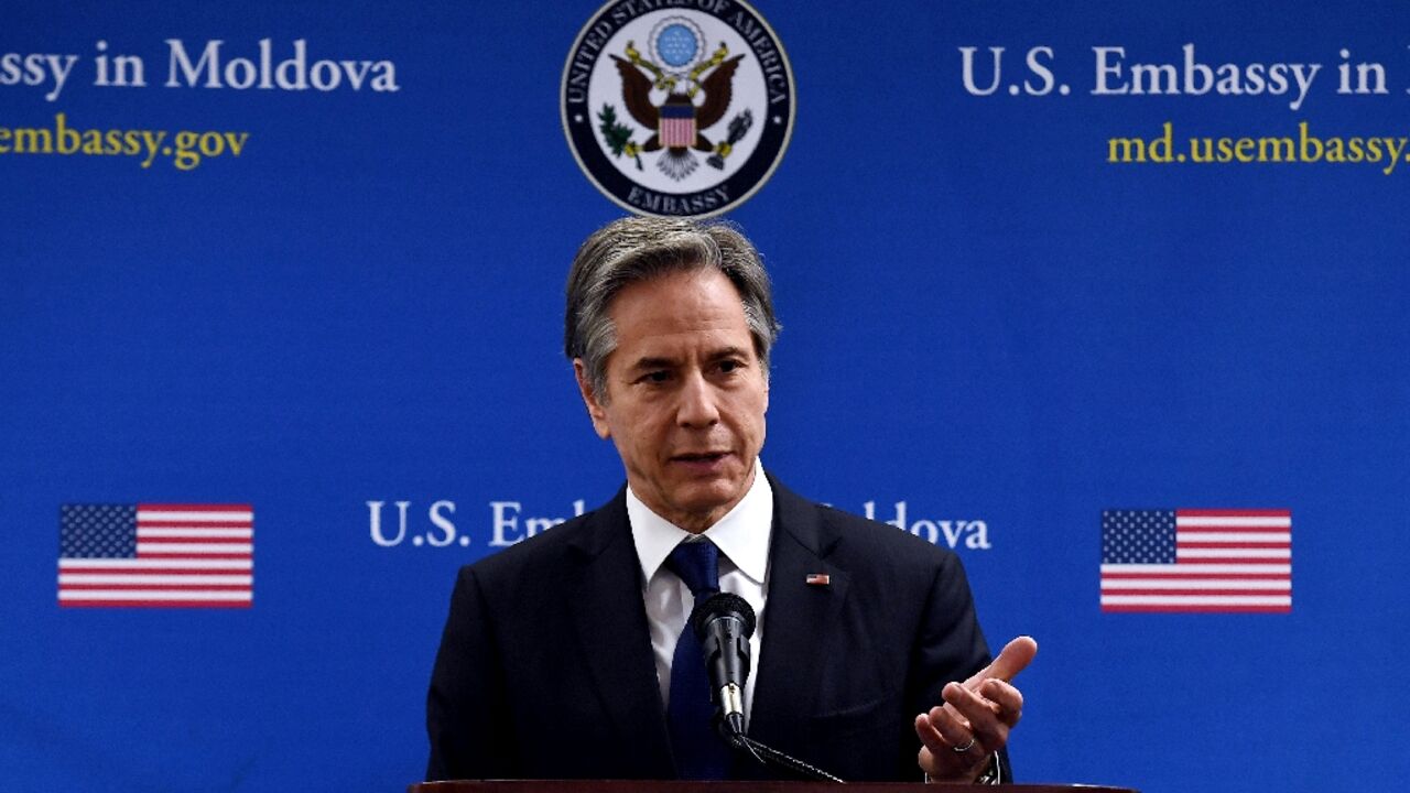 US Secretary of State Antony Blinken speaks to US Embassy staff in Chisinau, Moldova, on March 6, 2022, during a trip that includes stops in Poland, Latvia, Lithuania, and Estonia to reassure them of US support amid Russia's invasion of Ukraine US Secretary of State Antony Blinken speaks to US Embassy staff in Chisinau, Moldova, on March 6, 2022, during a trip that includes stops in Poland, Latvia, Lithuania, and Estonia to reassure them of US support amid Russia's invasion of Ukraine