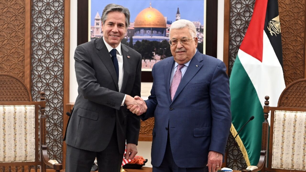 Palestinian president Mahmud Abbas (R) receives US Secretary of State Antony Blinken in Ramallah Palestinian president Mahmud Abbas (R) receives US Secretary of State Antony Blinken in Ramallah