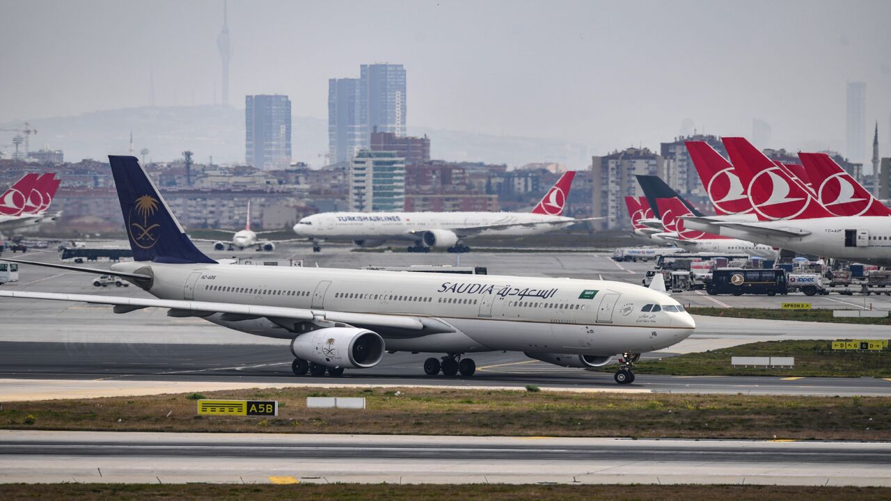 A Saudi Arabian airlines Saudia plane is pictured on the tarmac of the Ataturk Airport on April 4, 2019, in Istanbul.