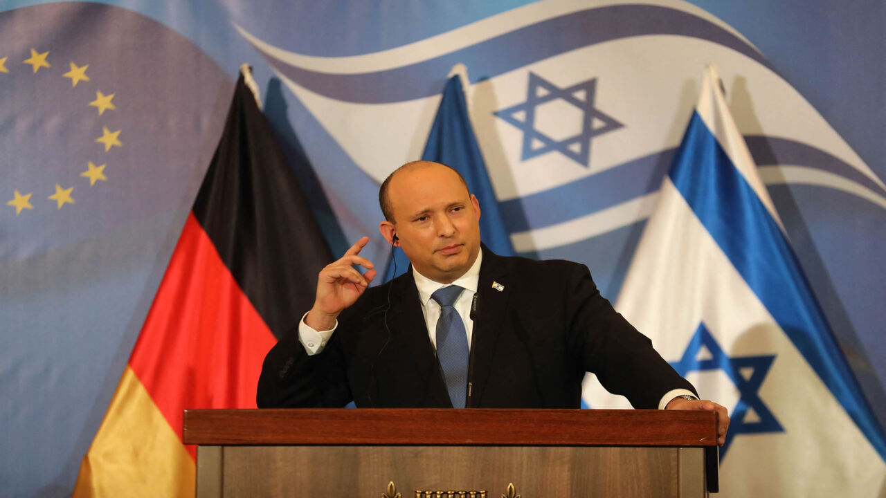 Israeli Prime Minister Naftali Bennett gives a joint press conference with German Chancellor Olaf Scholz, who said a new Iran nuclear agreement "cannot be postponed any longer," at the King David Hotel, Jerusalem, March 2, 2022.