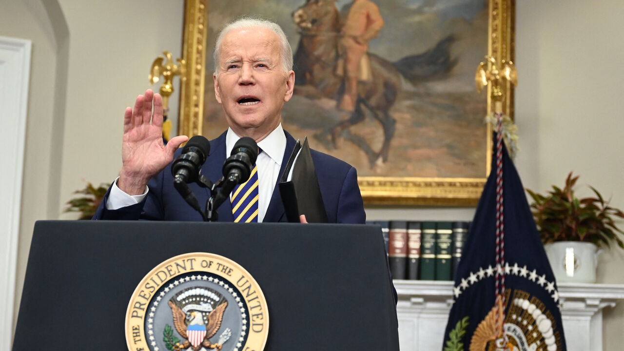 US President Joe Biden announces a ban on US imports of Russian oil and gas, March 8, 2022, from the Roosevelt Room of the White House in Washington, DC.
