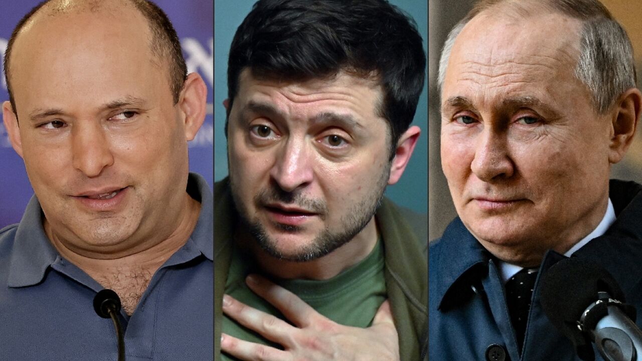 Israeli Prime Minister Naftali Bennett (L) has spoken with Ukraine's President Volodymyr Zelensky (C) three times in 24 hours, and met with Russian President Vladimir Putin (R) on Saturday Israeli Prime Minister Naftali Bennett (L) has spoken with Ukraine's President Volodymyr Zelensky (C) three times in 24 hours, and met with Russian President Vladimir Putin (R) on Saturday