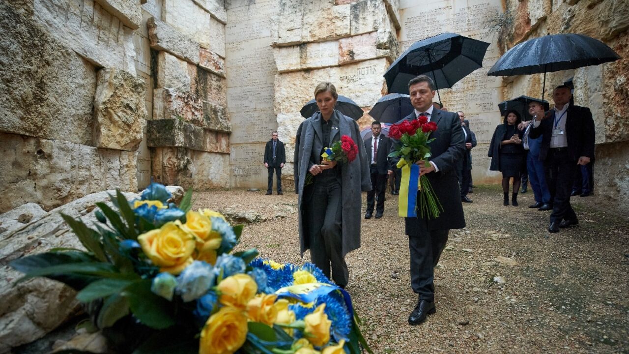 This handout picture shows Ukrainian President Volodymyr Zelenski and his wife Olena visiting the Holocaust memorial complex in Jerusalem in January 2020 during an official visit to Israel This handout picture shows Ukrainian President Volodymyr Zelenski and his wife Olena visiting the Holocaust memorial complex in Jerusalem in January 2020 during an official visit to Israel