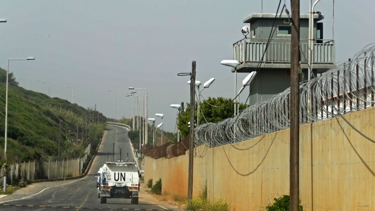 A UN Interim Force in Lebanon vehicle patrols a road in the southern Lebanese town of Naqura, close to the border with Israel, on April 25, 2022, after a projectile was fired from Lebanon into northern Israel, prompting a retaliation A UN Interim Force in Lebanon vehicle patrols a road in the southern Lebanese town of Naqura, close to the border with Israel, on April 25, 2022, after a projectile was fired from Lebanon into northern Israel, prompting a retaliation