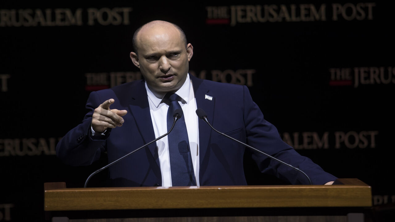 Israeli Prime Minister Naftali Bennett speaks at the Jerusalem Post's annual conference, Jerusalem, Oct. 12, 2021.