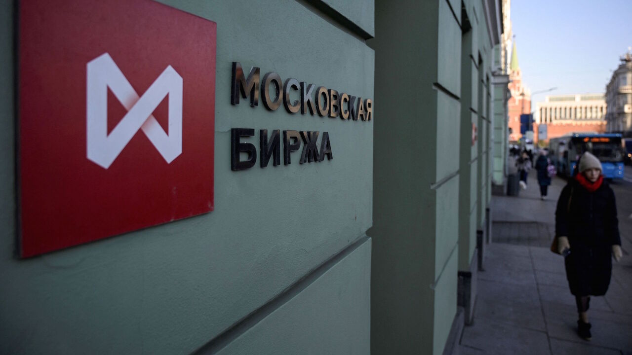 A view of the Moscow's stock market building in downtown Moscow on Feb. 28, 2022.