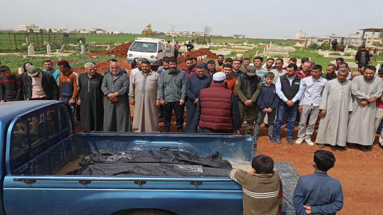 Mourners pray over the bodies of children killed on their way to school after regime forces shelled the village of Maaret al-Naasan, Idlib province, Syria, April 4, 2022.