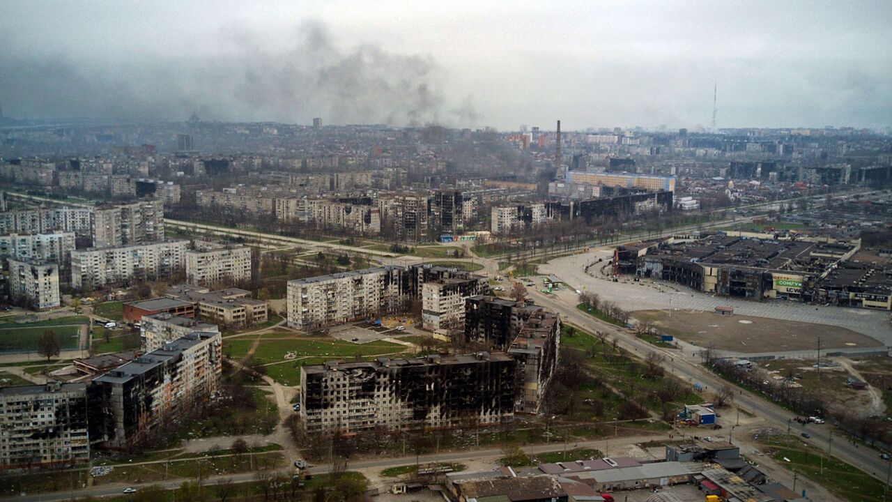 An aerial view taken on April 12, 2022, shows the city of Mariupol, during Russia's military invasion launched on Ukraine.