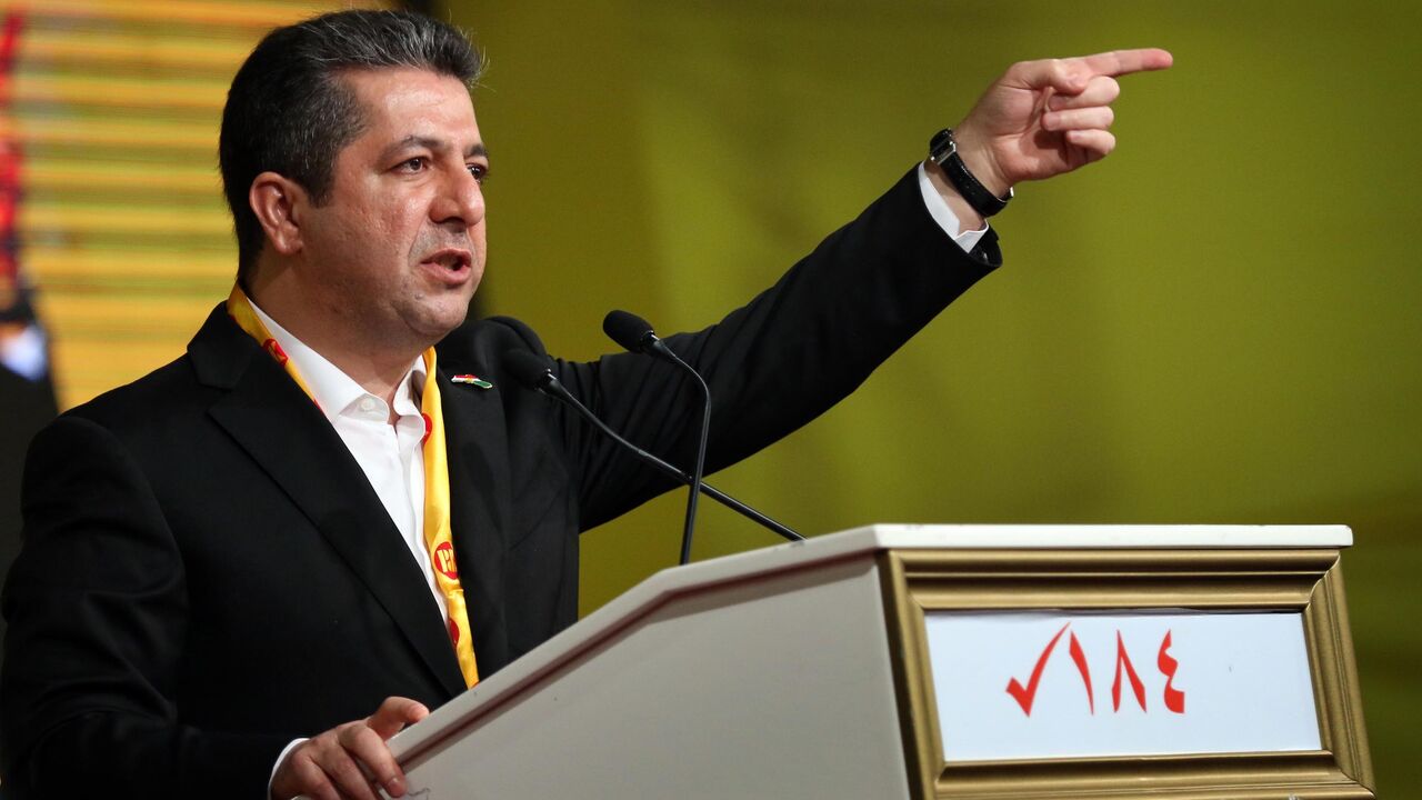 Head of the Kurdistan Regional Security Council Masrour Barzani speaks during an electoral rally for the Kurdistan Democratic Party (KDP) list, in Arbil, the capital of the northern Iraqi Kurdish autonomous region, on April 26, 2018.