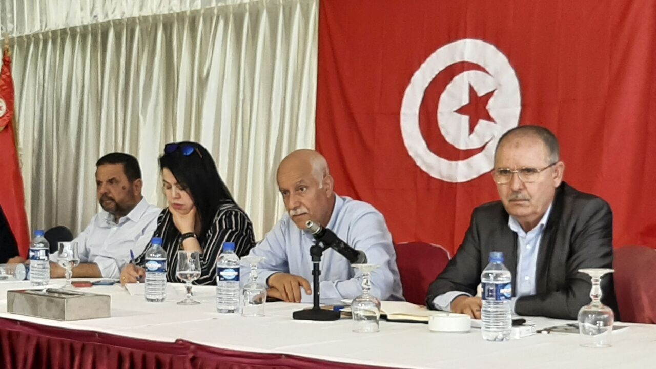 Noureddine Taboubi, on the right, the secretary-general of the Tunisian General Labour Union, chairs a meeting on May 23, 2022