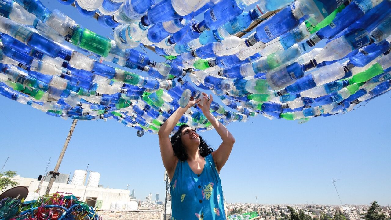 Maria Nissan turns plastic waste collected from the streets of Jordan's capital into art in an effort to persuade people against single-use plastics