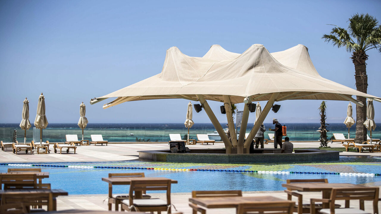 The pool area at the Hilton Hurghada Plaza Hotel is seen at a Red Sea resort in Hurghada, Egypt, June 19, 2020. 