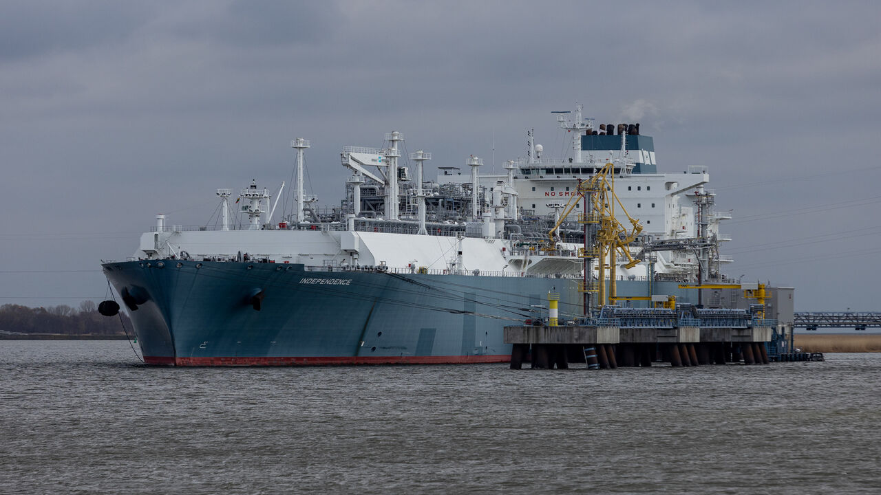 Liquefied natural gas ship FSRU Independence at Klaipeda liquefied natural gas floating storage and regasification unit terminal port, Klaipeda, Lithuania, April 15, 2022.