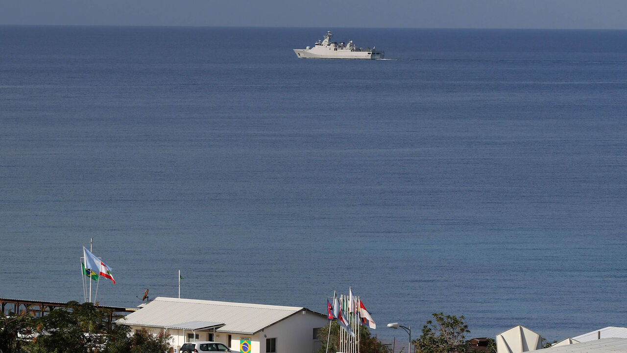 A military vessel of the United Nations peacekeeping force in Lebanon (UNIFIL) is pictured off the coast of the southern Lebanese town of Naqura, on the border with Israel, where delegations from the two countries were meeting, Nov. 11, 2020.