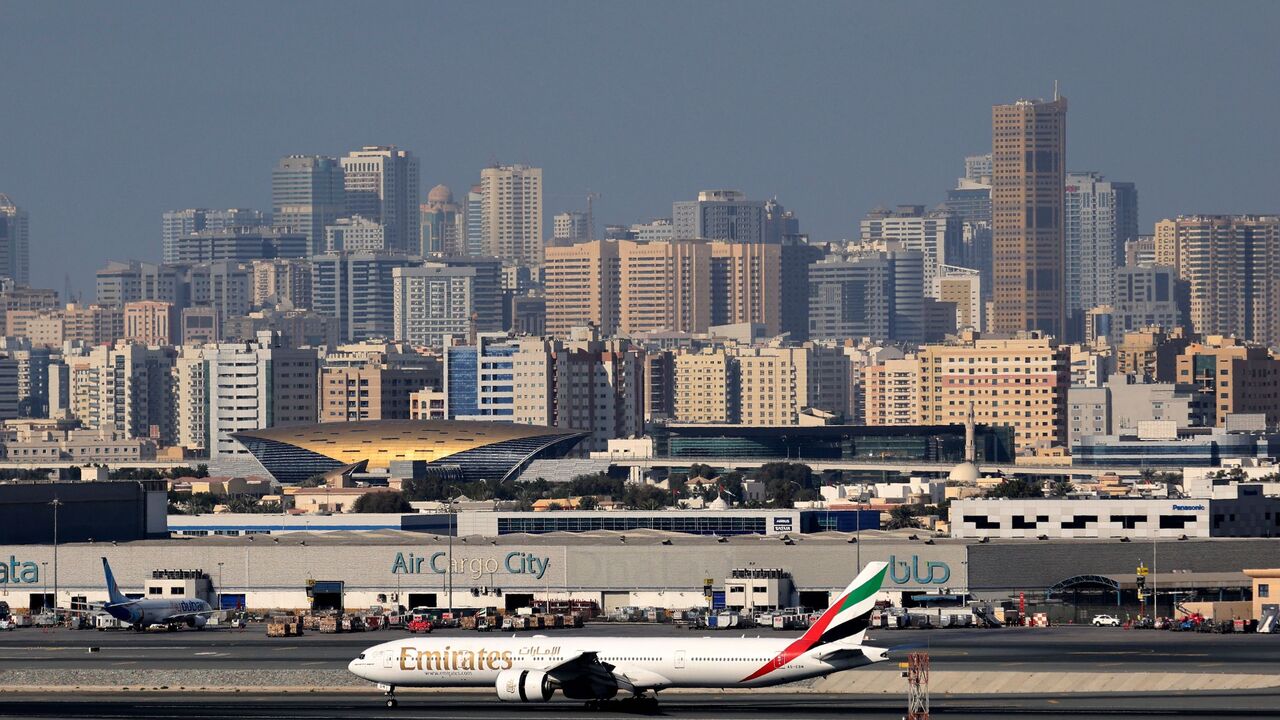 A picture shows an Emirates Airlines airplane at Dubai International Airport on Feb. 1, 2021.