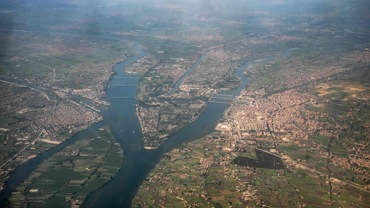 This photo shows an aerial view of the southernmost tip of Egypt's Nile delta region, including the Qanater al-Khayreya Nile River barrages, north of the capital Cairo, Egypt, Oct. 15, 2021.