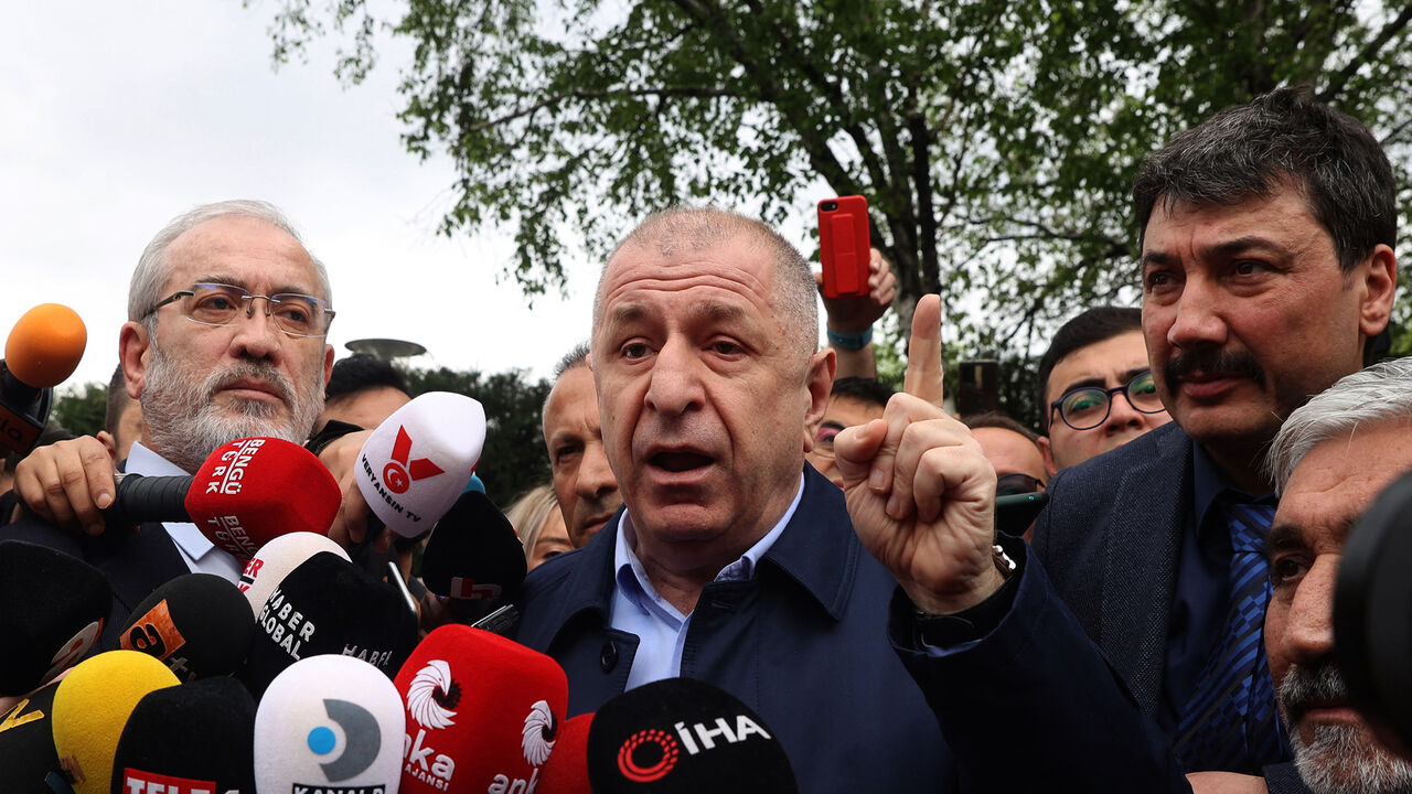 Umit Ozdag, leader of the nationalist Victory Party, gestures as he speaks to the media after police blocked his attempt to challenge the Turkish interior minister to a public face-off, in front of the Ministry of the Interior, Ankara, Turkey, May 6, 2022.