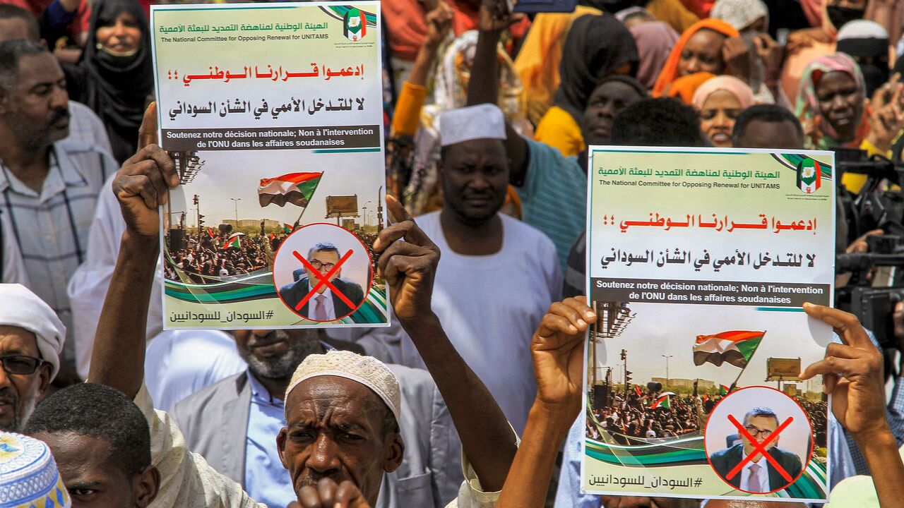 People gather for a protest outside the UN mission in Sudan's capital Khartoum on June 1, 2022. 