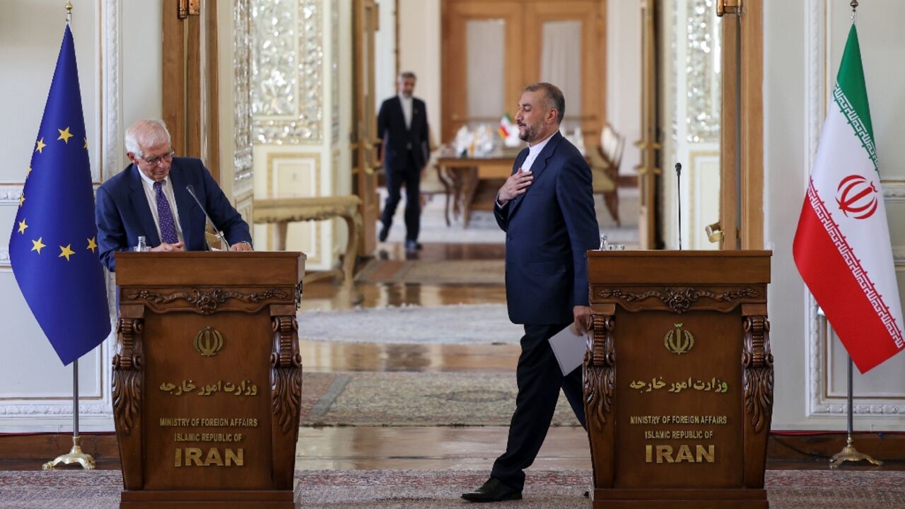 Iran's Foreign Minister Hossein Amir-Abdollahian (right) attends a press conference with EU foreign policy chief Josep Borell in Tehran on June 25, 2022 Iran's Foreign Minister Hossein Amir-Abdollahian (right) attends a press conference with EU foreign policy chief Josep Borell in Tehran on June 25, 2022
