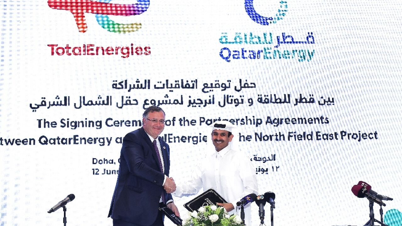 Qatar's Energy Minister and CEO of QatarEnergy Saad Sherida al-Kaabi (R) and French energy group TotalEnergies CEO Patrick Pouyanne attend a signing ceremony in Doha Qatar's Energy Minister and CEO of QatarEnergy Saad Sherida al-Kaabi (R) and French energy group TotalEnergies CEO Patrick Pouyanne attend a signing ceremony in Doha