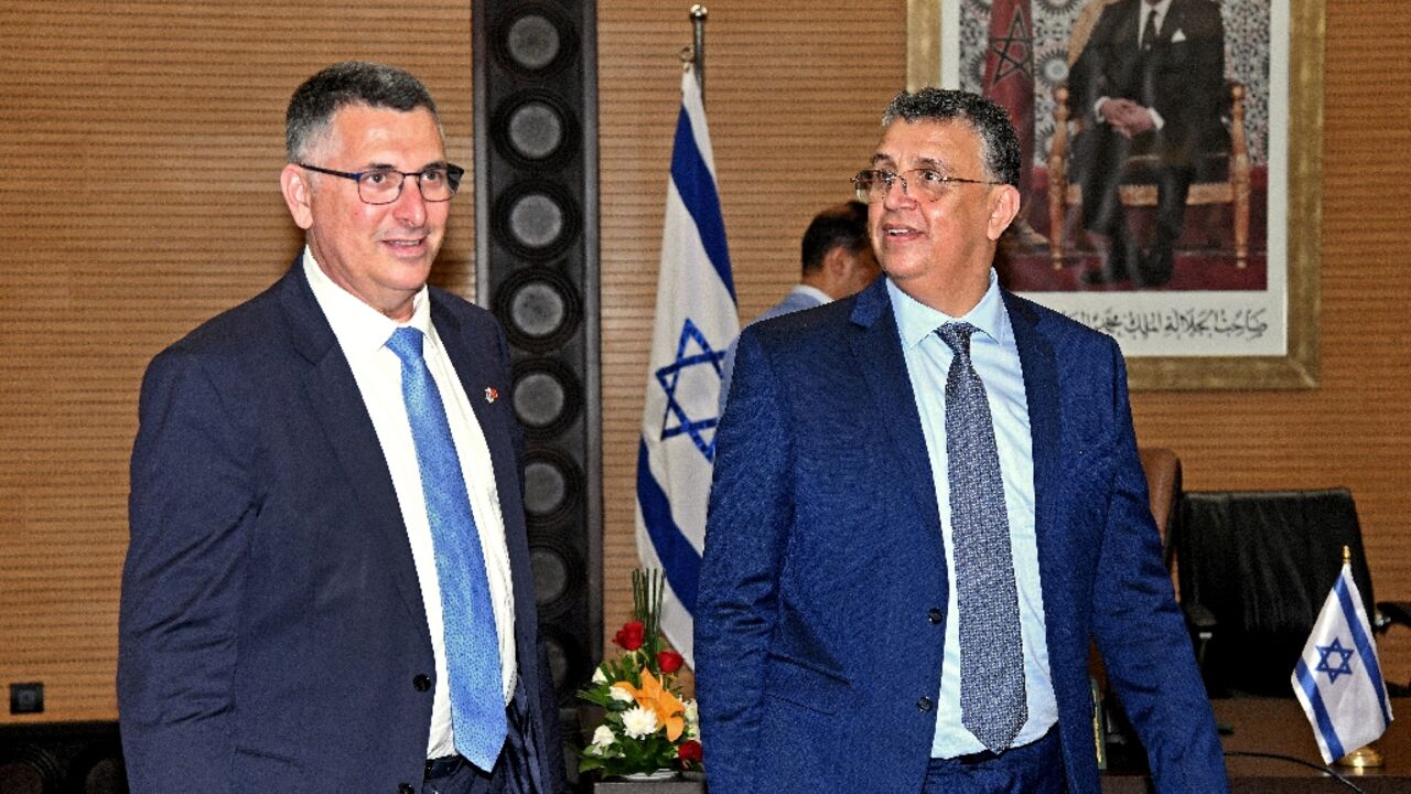 Moroccan Justice Minister Abdellatif Ouahbi (R) receives Israeli Justice Minister Gideon Saar in Rabat Moroccan Justice Minister Abdellatif Ouahbi (R) receives Israeli Justice Minister Gideon Saar in Rabat