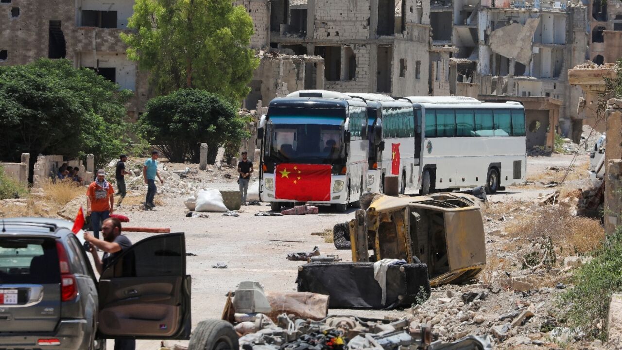 Filming in Hajar al-Aswad near the Syrian capital Damascus of a scene in "Home Operation",  produced by actor Jackie Chan and inspired by the evacuation of Chinese and foreign nationals in the early days of Yemen's civil war