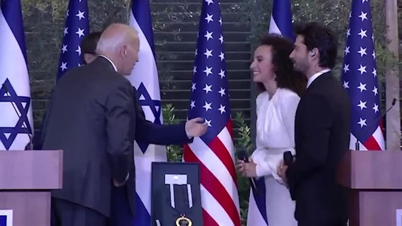 U.S. President Joe Biden meets Israeli singer Yuval Dayan on July 14, 2022.