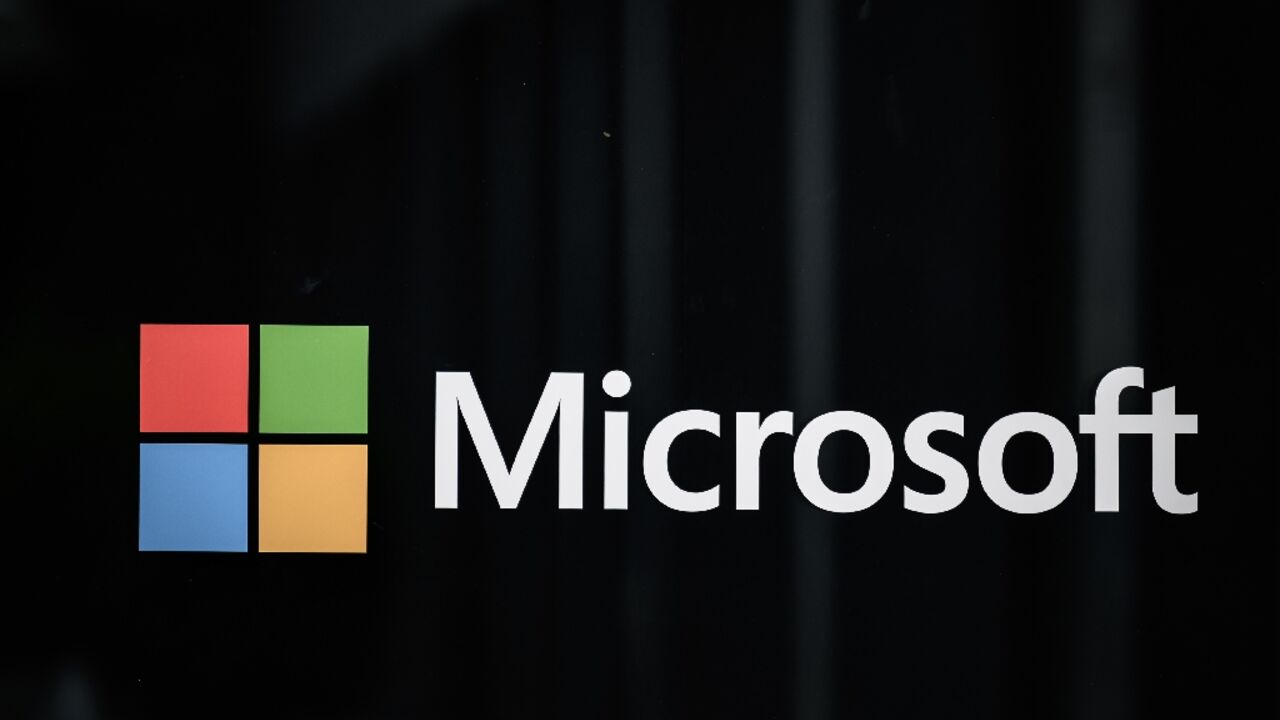 Microsoft's logo pictured on May 23, 2022 at the World Economic Forum annual meeting in Davos, Switzerland