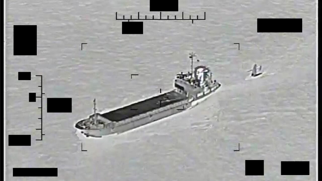 A US Navy image shows an Iranian Islamic Revolutionary Guard Corps Navy support ship "Shahid Baziar" towing a US Navy Saildrone Explorer unmanned surface vessel in international waters in the Gulf. A US Navy image shows an Iranian Islamic Revolutionary Guard Corps Navy support ship "Shahid Baziar" towing a US Navy Saildrone Explorer unmanned surface vessel in international waters in the Gulf.
