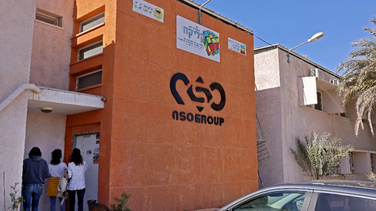 NSO Group -- whose logo is pictured in southern Israel -- makes spyware that infiltrates mobile phones