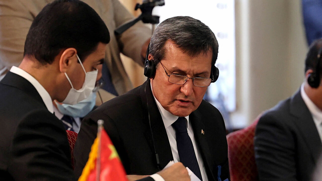 Turkmenistan Foreign Minister Rasit Meredow (C) attends the multilateral conference on Afghanistan, Tehran, Iran, Oct. 27, 2021.