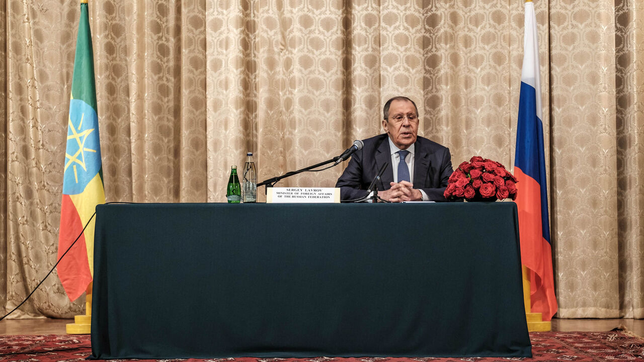 Russia's Minister of Foreign Affairs Sergey Lavrov addresses the public during a press conference at the Russian Embassy, Addis Ababa, Ethiopia, Aug. 02, 2022.