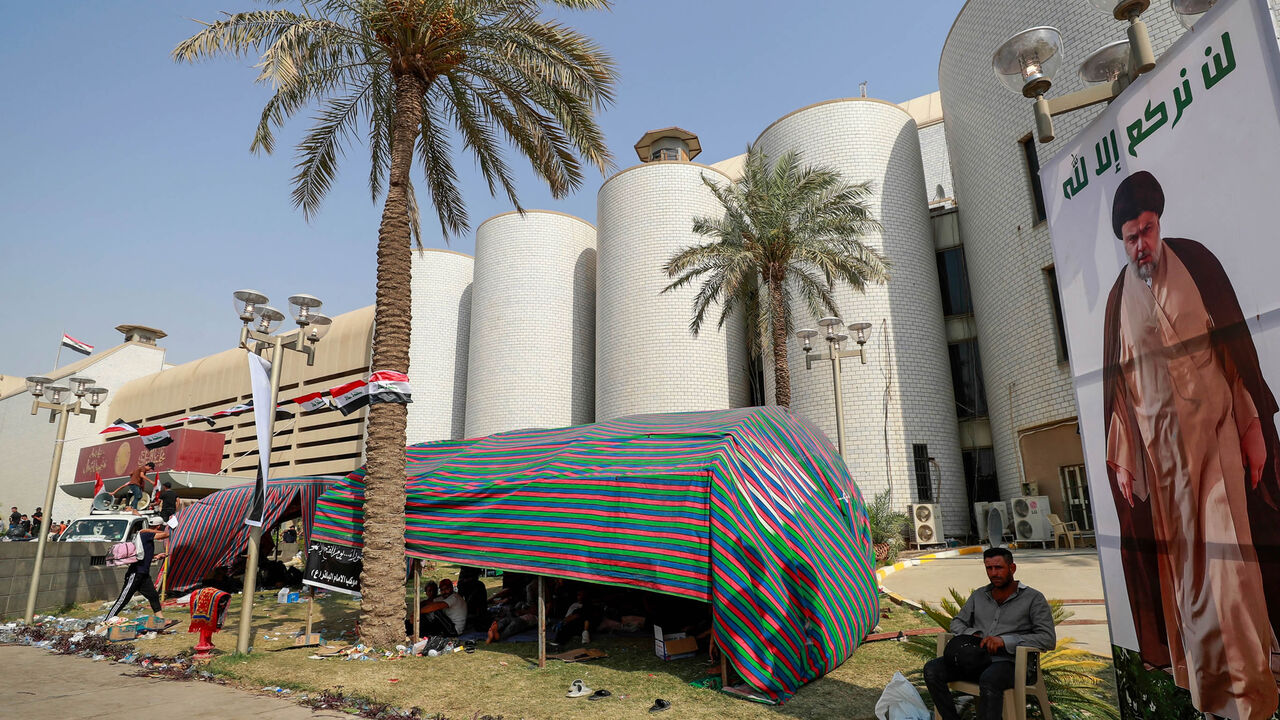 Supporters of Shiite cleric Muqtada al-Sadr gather outside the parliament building on the seventh day of protests against the nomination of a rival Shiite faction for the position of prime minister, Green Zone, Baghdad, Iraq, Aug. 5, 2022.