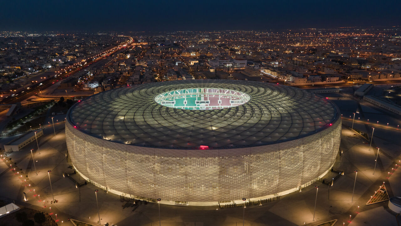 An aerial view of Al Thumama stadium at sunset on June 22, 2022, in Doha, Qatar.  