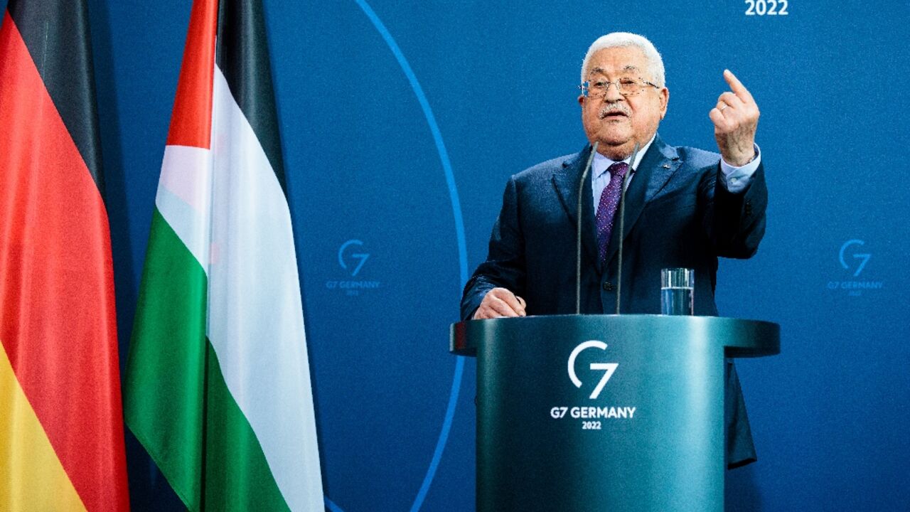 Palestinian president Mahmud Abbas during a joint press conference with the German Chancellor in Berlin on August 16, 2022