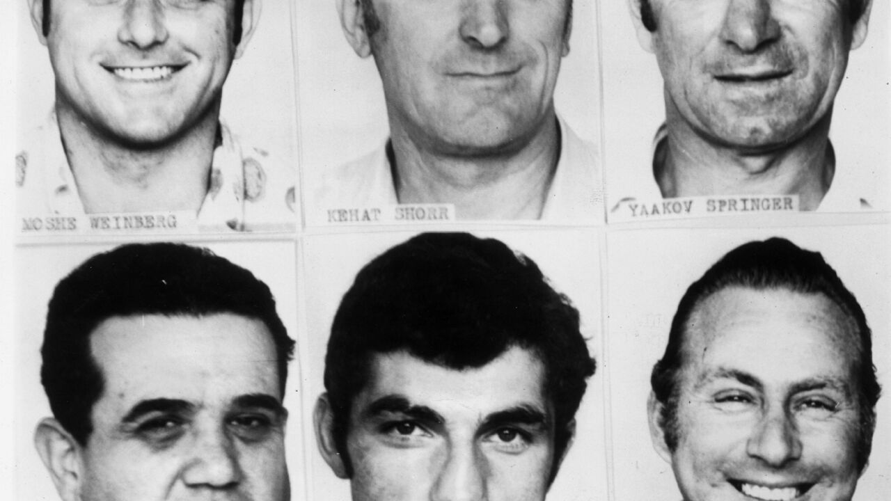 Six of the 11 Israeli Olympic team members who were killed in the attack in Munich, Germany on 1972, (top L-R) trainer Moshe Weinberg and officials Kehat Schur and Yakov Springer, (bottom (L-R) official Yosef Gottfreund, wrestler Eliezaar Halfen, and official Amitzur Shapira