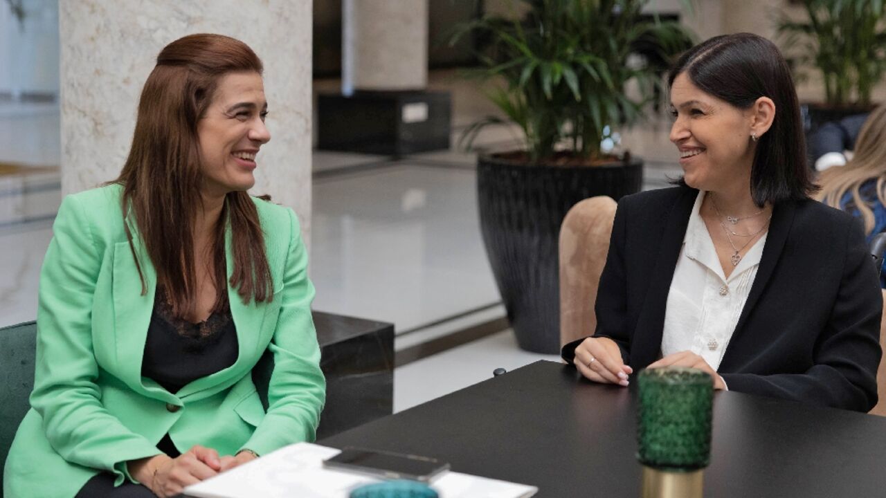 Cyprus Energy Minister Natasa Pilides, on the left, meets her Israeli counterpart Karine Elharrar in Nicosia on September 19, 2022 Cyprus Energy Minister Natasa Pilides, on the left, meets her Israeli counterpart Karine Elharrar in Nicosia on September 19, 2022