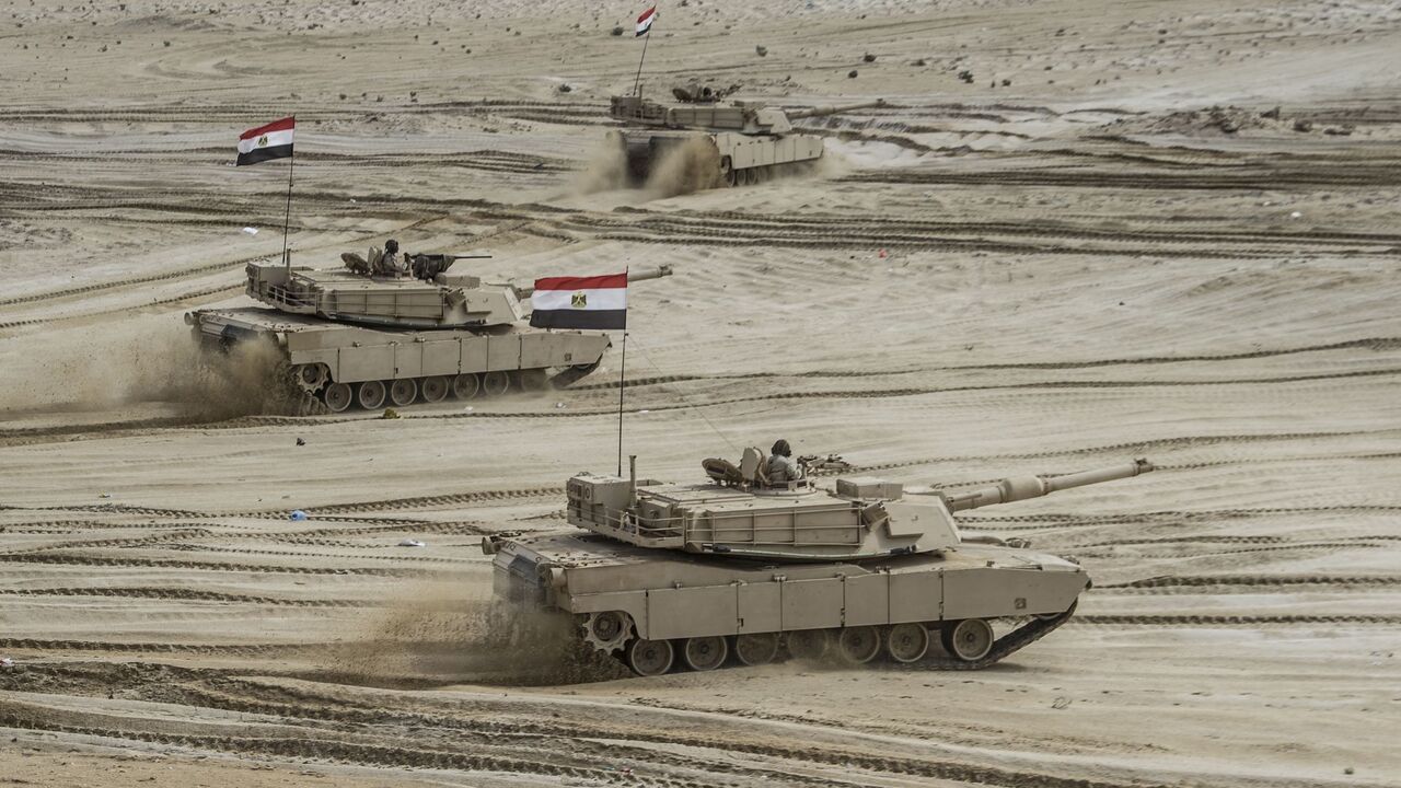 Egyptian tanks take part in the Arab Shield joint military exercises at Mohamed Naguib military base in El-Hamam near the Mediterranean coast, about 240 kilometres northwest of the capital Cairo on Nov. 15, 2018.