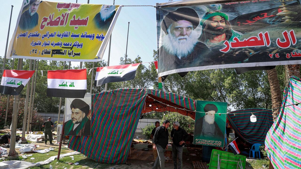 This picture taken on Aug. 30, 2022 shows a view of the remaining encampments of supporters of Shiite Muslim cleric Moqtada al-Sadr before their dismantlement in the capital Baghdad's high-security Green Zone. 