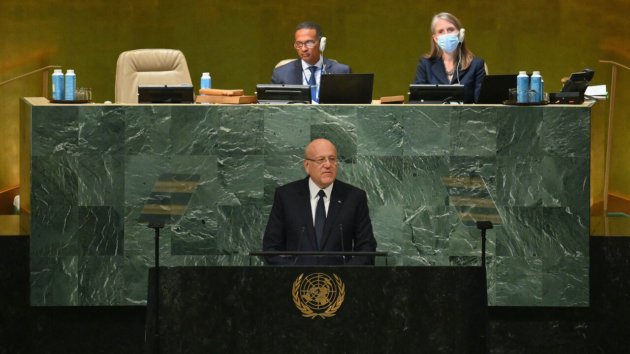 Lebanons caretaker Prime Minister Najib Mikati addresses the 77th session of the United Nations General Assembly at the UN headquarters in New York City on Sept. 21, 2022. 