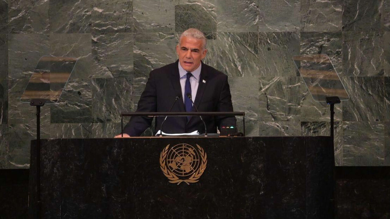 Israeli Prime Minister Yair Lapid gives a speech during the 77th session of the United Nations General Assembly at UN headquarters, New York, Sept. 22, 2022.