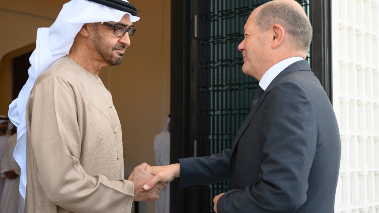 UAE President Sheikh Mohamed bin Zayed al-Nahyan received German Chancellor Olaf Scholz in Abu Dhabi, a stop on a Gulf tour that saw him travel to Saudi Arabia and Qatar to secure new energy sources UAE President Sheikh Mohamed bin Zayed al-Nahyan received German Chancellor Olaf Scholz in Abu Dhabi, a stop on a Gulf tour that saw him travel to Saudi Arabia and Qatar to secure new energy sources